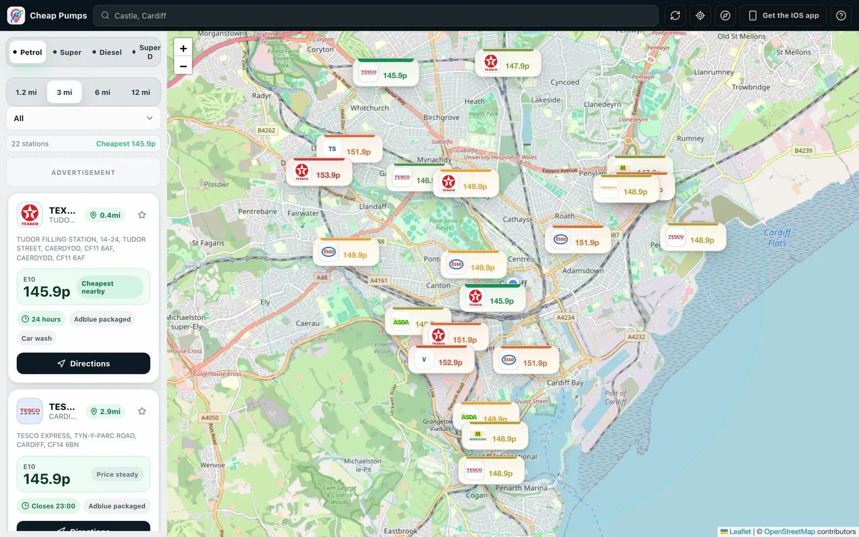 Cheap Pumps - a map of Cardiff dotted with live fuel prices, cheapest station highlighted